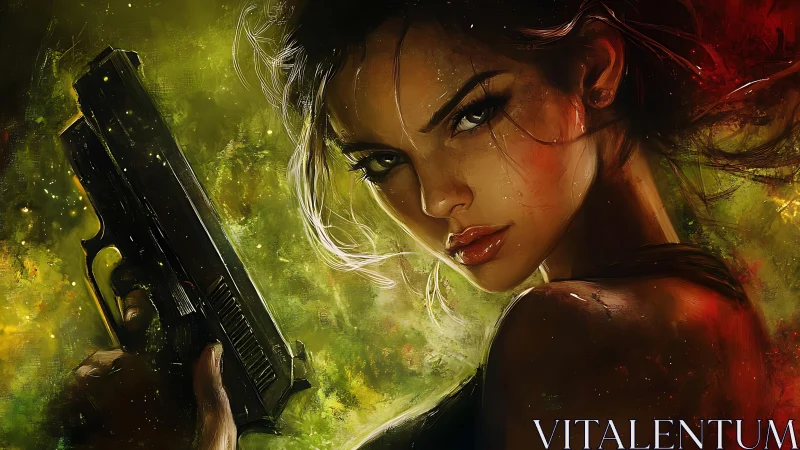 Woman holds handgun in close-up digital portrait rendering