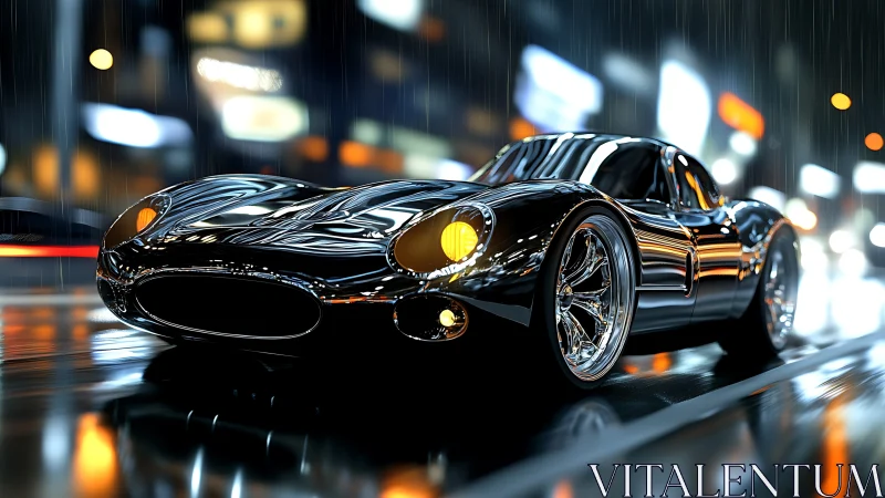 Streamlined black sports car on wet neon city street.
