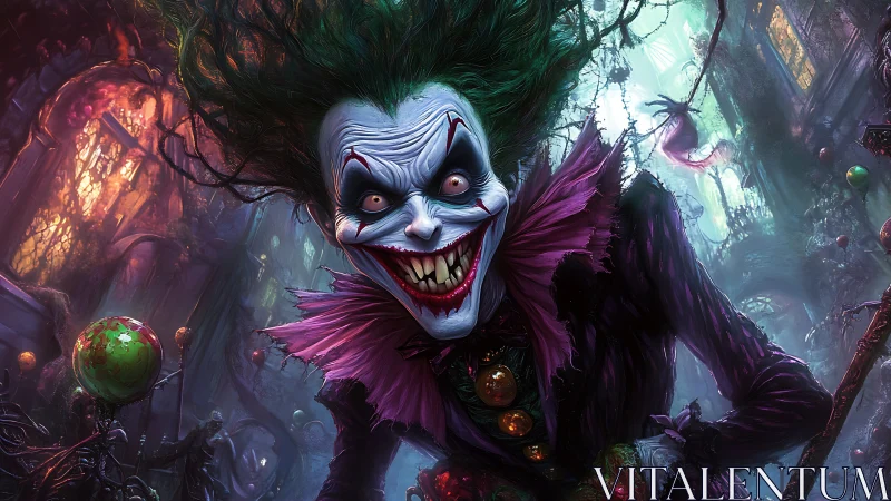 Sinister clown portrait in neon-lit twisted carnival street.