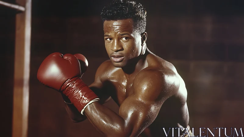 Professional boxer in red gloves assumes fighting stance.