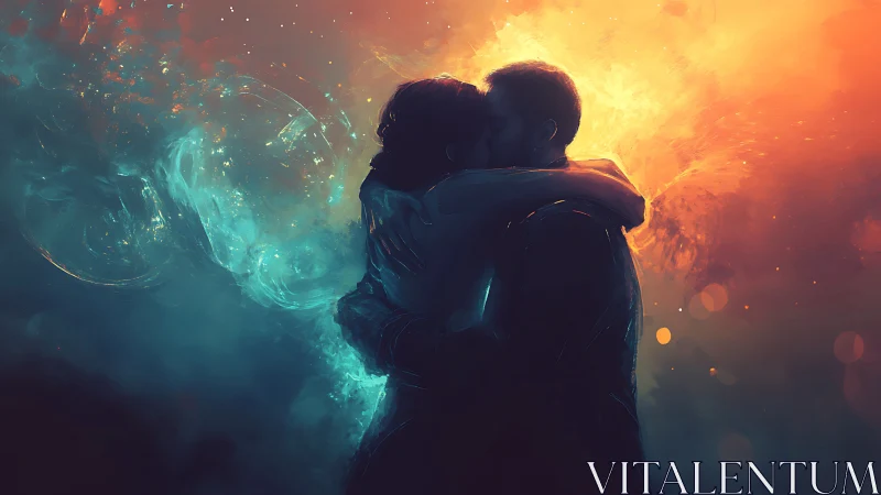 Silhouetted figures embraced in radiant cosmic energy.