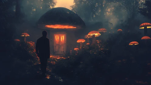 Glowlit mushroom cottage in misty twilight forest scene.