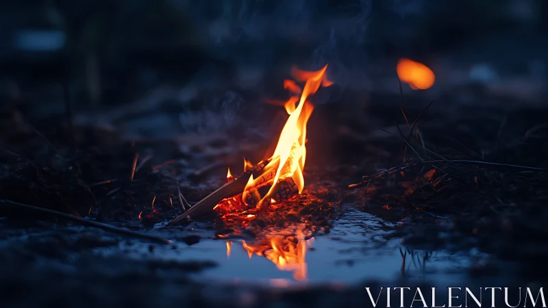 Nocturnal Campfire Combustion with Aqueous Surface Reflection.