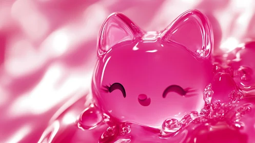 Luminous Pink Glass Cat with Bow and Closed Eyes.