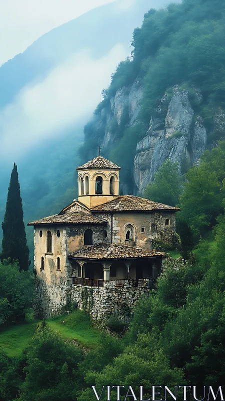 Misty hillside monastery rests quietly above green valley