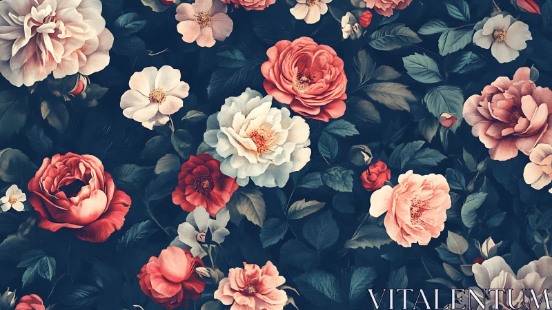 Blooming garden of roses and peonies glows against dark leaves