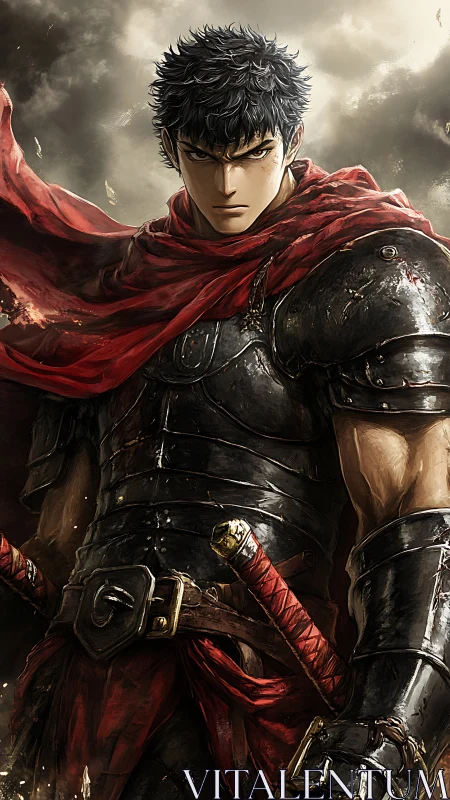 Storm-lit swordsman broods beneath a tattered crimson banner