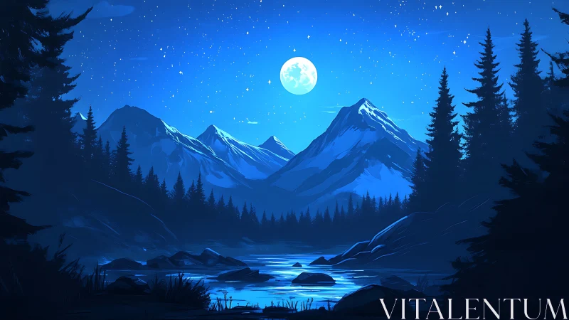 Moonlit alpine lake reflects snowy peaks under starry sky