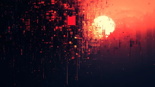Glowing digital sun dissolves into a futuristic data skyline