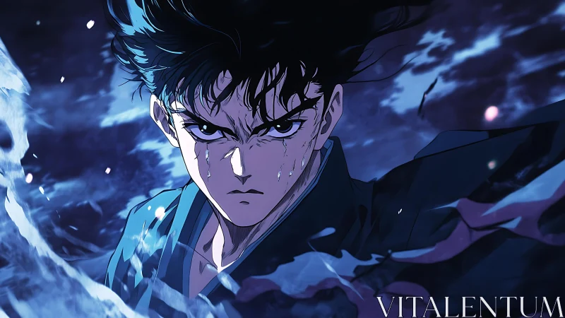 Storm-lit warrior carves through midnight with burning resolve