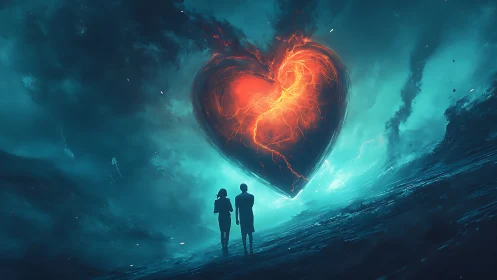 Luminous Heart: Figures Witness Cosmic Fire in Teal Abyss.