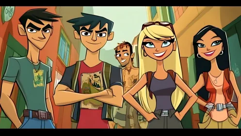 Five stylized animated characters stand in a narrow street