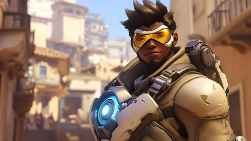 Digital painting of armored sci fi hero in sunlit alleyway.