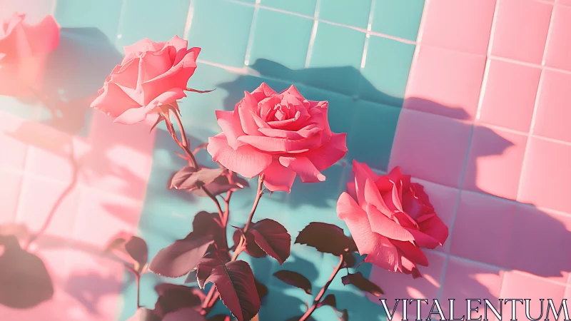 Pink roses in geometric neon-lit environment with volumetric light