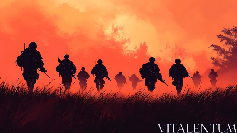 Silhouetted soldiers advance through burning red dusk field.