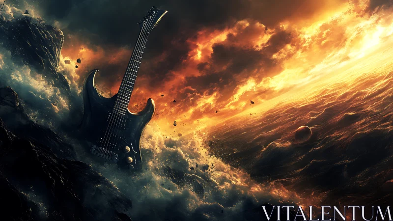 Electric guitar rises from stormy ocean under blazing sky.