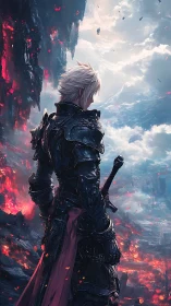 Ashen knight broods above a shattered, ember-lit world.