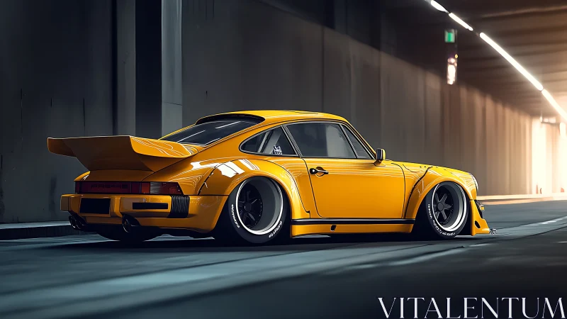 Widebody yellow sports coupe in moody tunnel light.