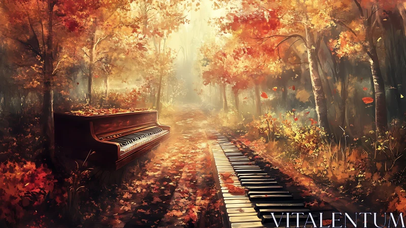 Autumn forest pathway transforms into a surreal piano keyboard