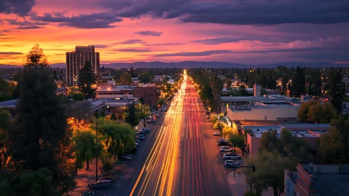 Sunset boulevard streaming light trails through cityscape.