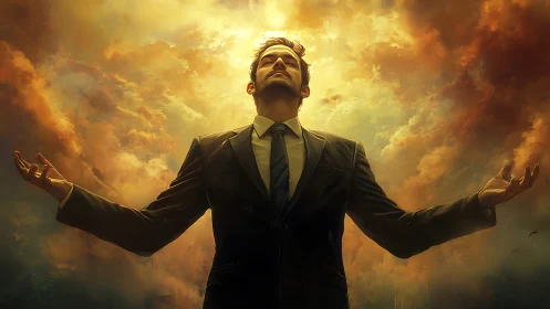 Sunlit businessman ascends within a storm of golden clouds.