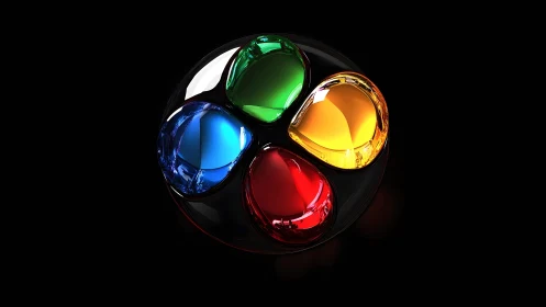 Glossy four-color glass emblem glows on deep black background
