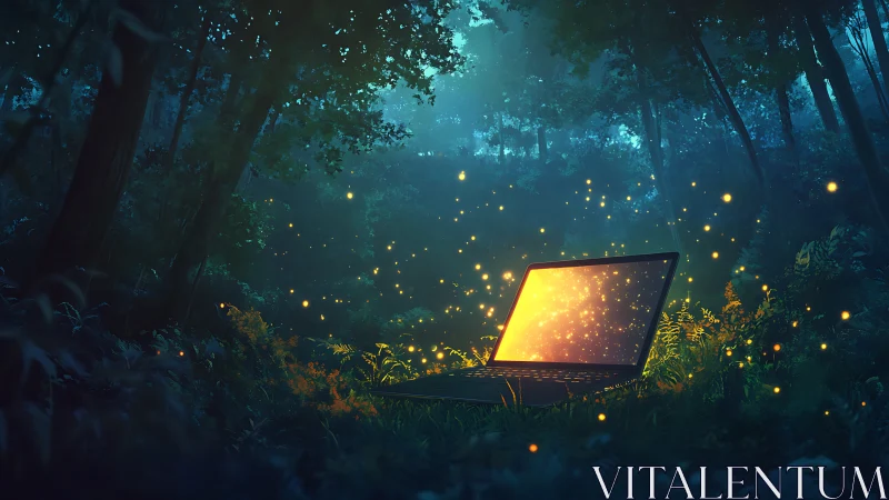 Laptop of fireflies casting digital spells in a moonlit forest.