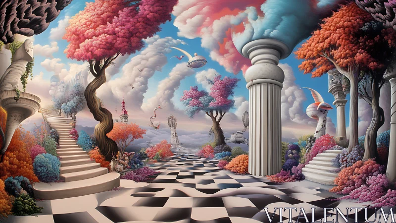 Surreal architectural landscape integrates trees, stairs, and clouds
