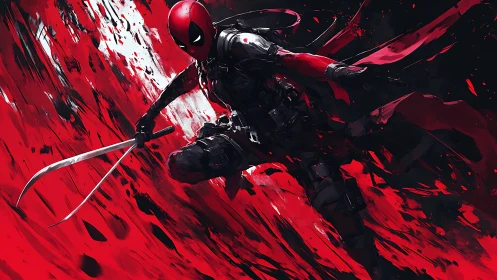 Scarlet-masked antihero lunging through abstract carnage.