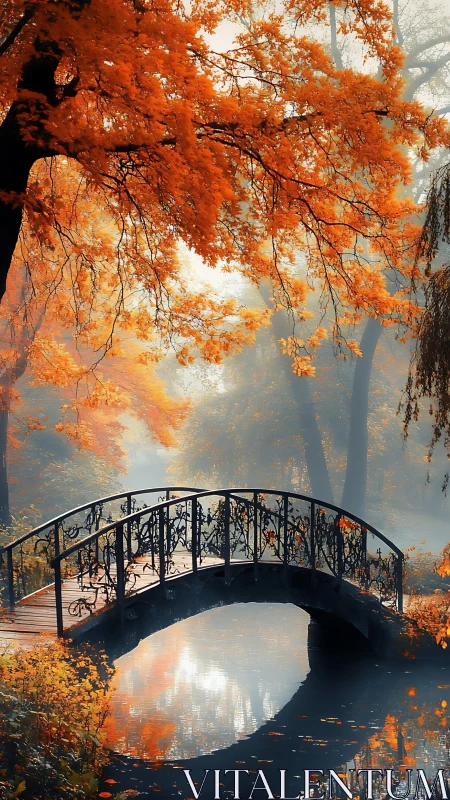Autumn footbridge over calm misty forest stream.