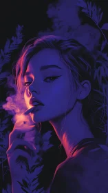 Neon lit woman portrait in violet smoke and foliage.