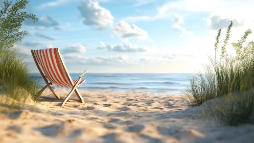 Striped deck chair awaits quiet relaxation on a sunny beach