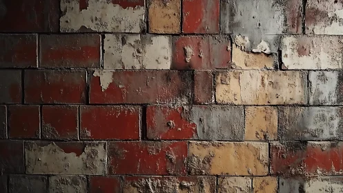 Weathered Brick Wall with Peeling Paint in Rustic Urban Style.