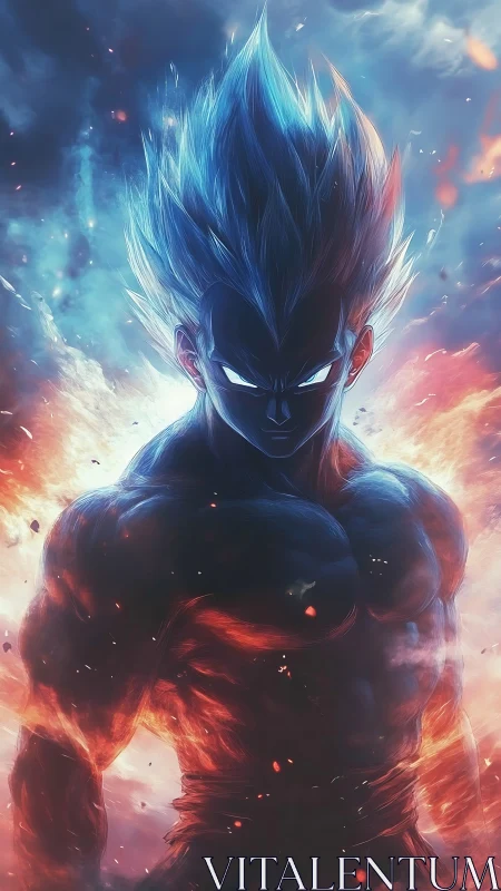 Blazing cosmic warrior rising through storm and flame.