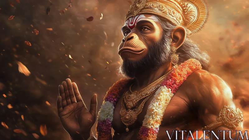 Divine simian deity in regal garlands under glowing petals.