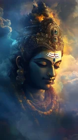 Divine blue-toned deity portrait with ornate golden crown.