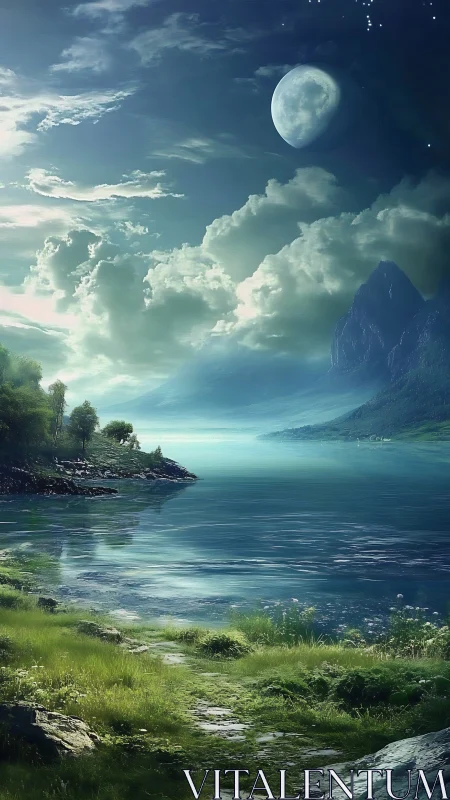 Lunar-illuminated alpine lake under volumetric cloud strata.