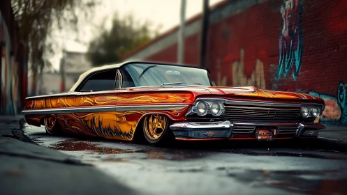 Lowrider inferno cruises through rain-slicked urban canyon.
