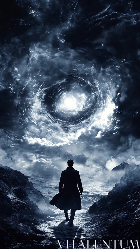 Silhouetted figure walks toward swirling luminous sky vortex