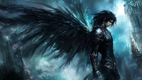 Dark winged warrior in luminous gothic fantasy armor design.