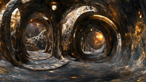 Starlit asteroid tunnels circling a molten cosmic heart.