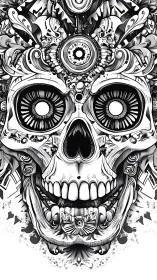 Ornate monochrome skull illustration with intricate linework symmetry