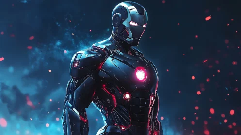 Armored cybernetic hero amid glowing embers at night.