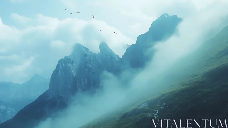 Misty alpine ridgeline under soft blue morning light.