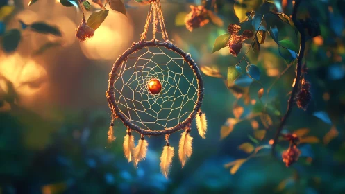 Sunlit dreamcatcher with amber gem in soft forest bokeh.
