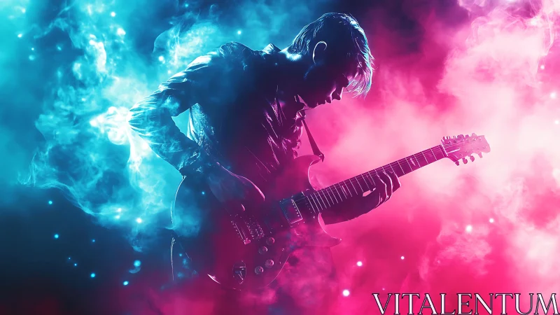 Electric guitarist performs in neon smoke and glowing light