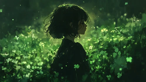 Girl silhouette in glowing green clover field at dusk.