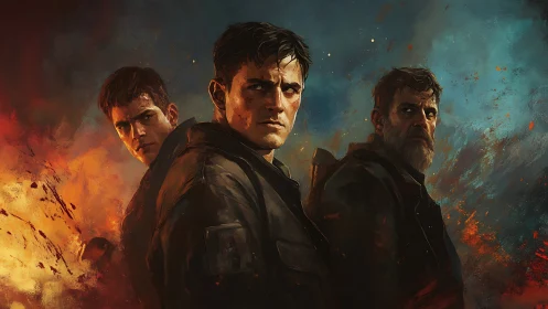 Three male figures stand in front of a fiery abstract background