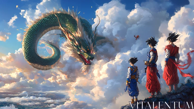 Sky summit with dragon guardian and determined warriors.
