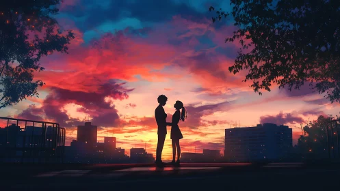 Silhouetted couple stands together under vivid sunset sky